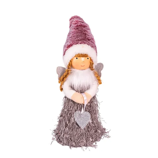 Wholesale Glowing Plush Hatted Silver Winged Heart Adorned Fuzzy Skirted Ornament Fairy 
