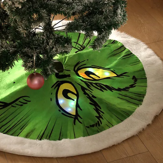 Green Fur Monster Plush Christmas Tree Apron with Light Decoration Tree Skirt New Luminous Grinch Tree Skirt 